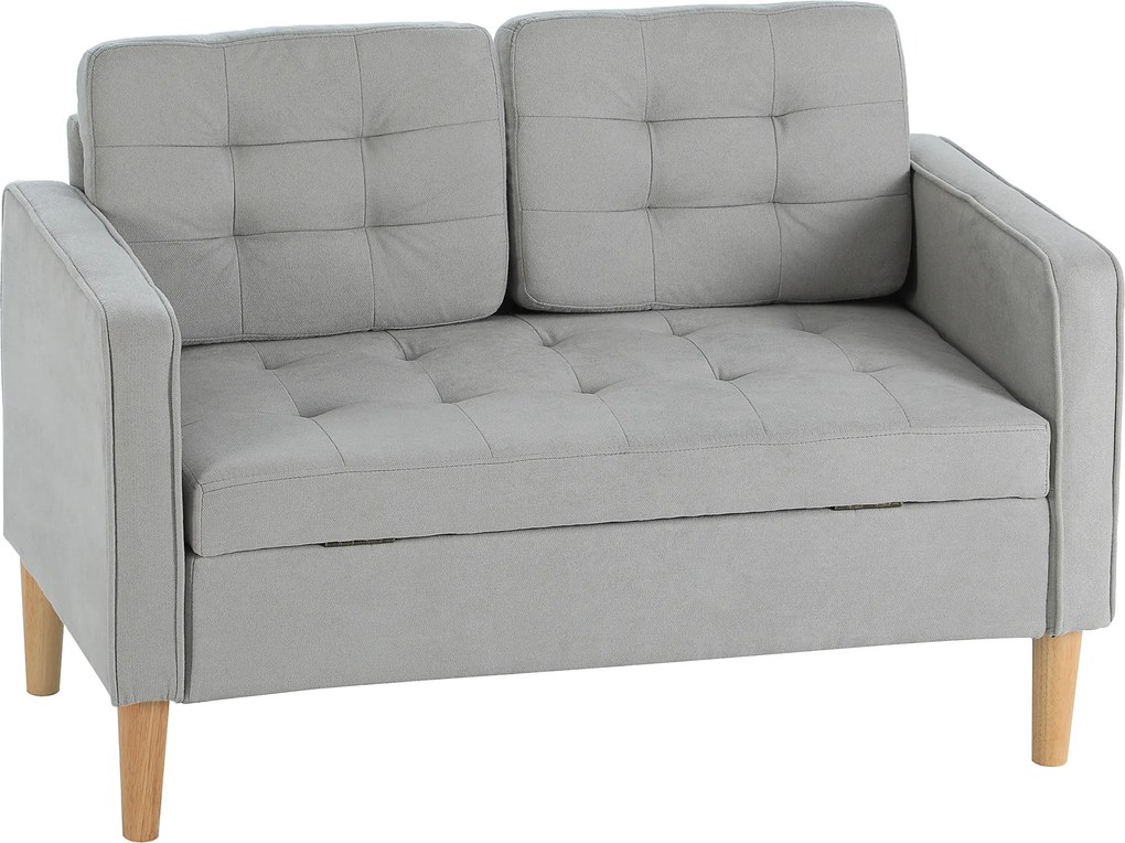 HOMCOM Sofá de 2 Lugares com Espaço de Armazenamento Pés de Madeira Encosto Capitonê 117x62x78 cm Cinzento Claro | Aosom Portugal