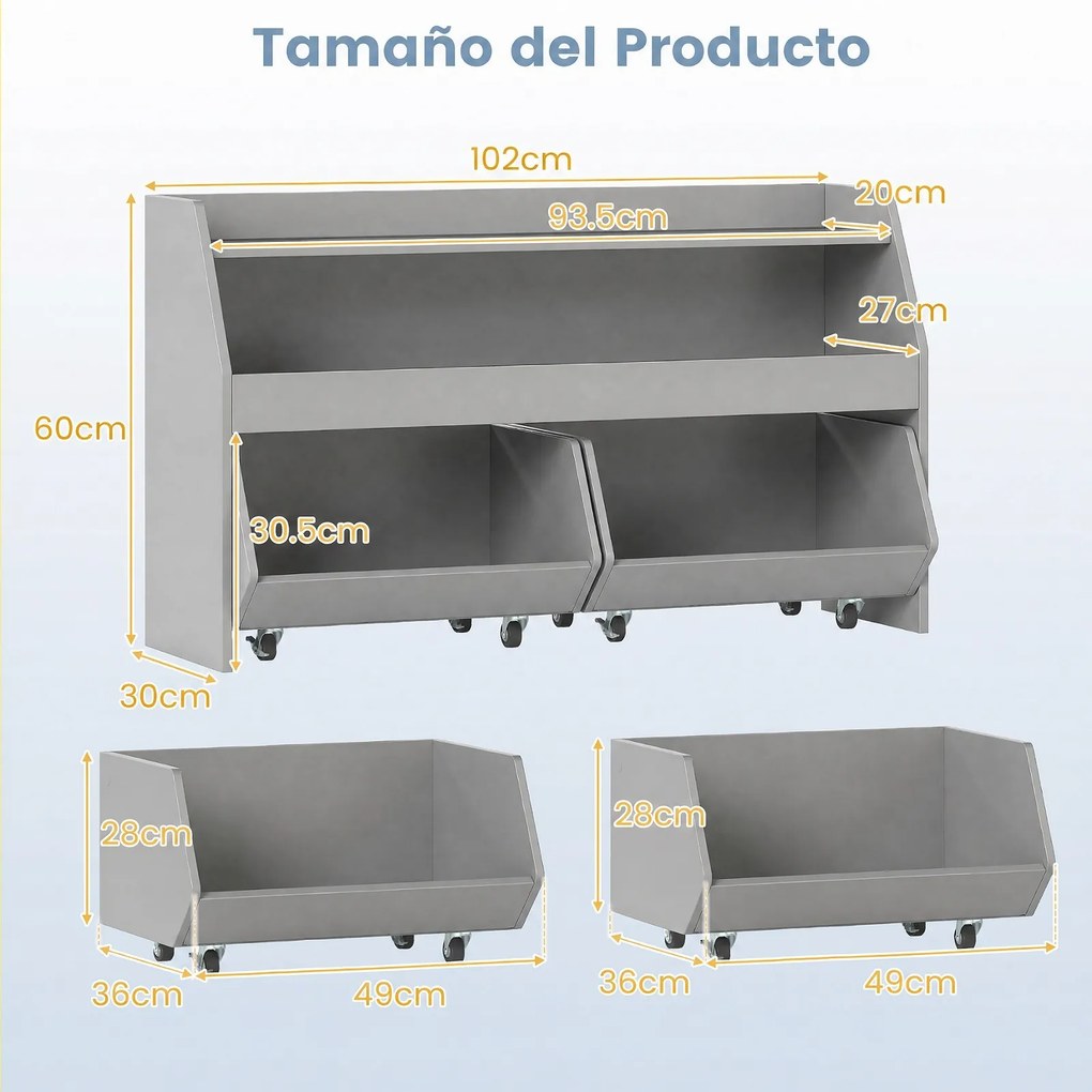 Estante de Brinquedos Infantil, 102 x 30 x 60 cm, Rodas Bloqueáveis, Cinzento