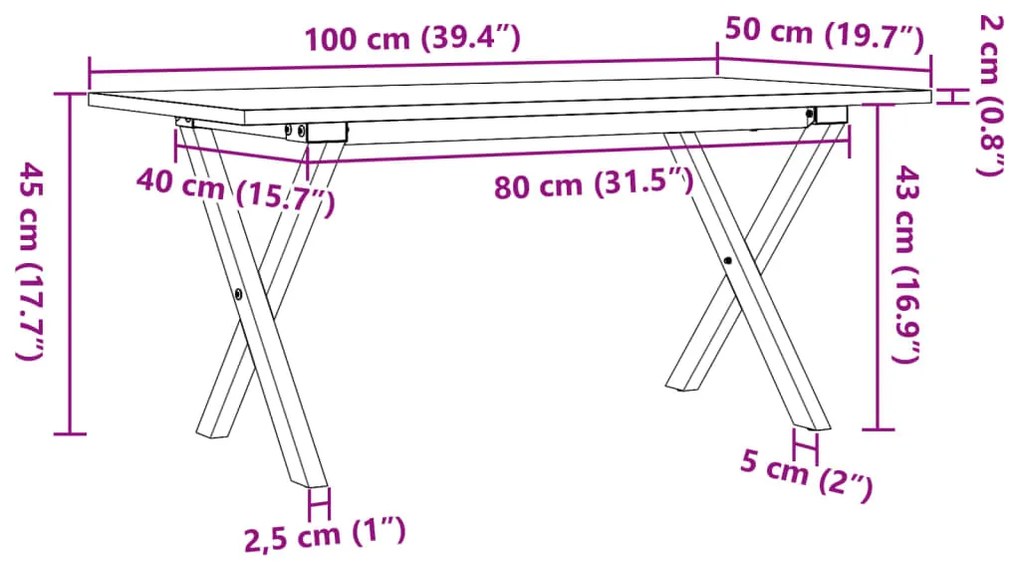 Mesa de centro estrutura em X 100x50x45cm pinho e aço