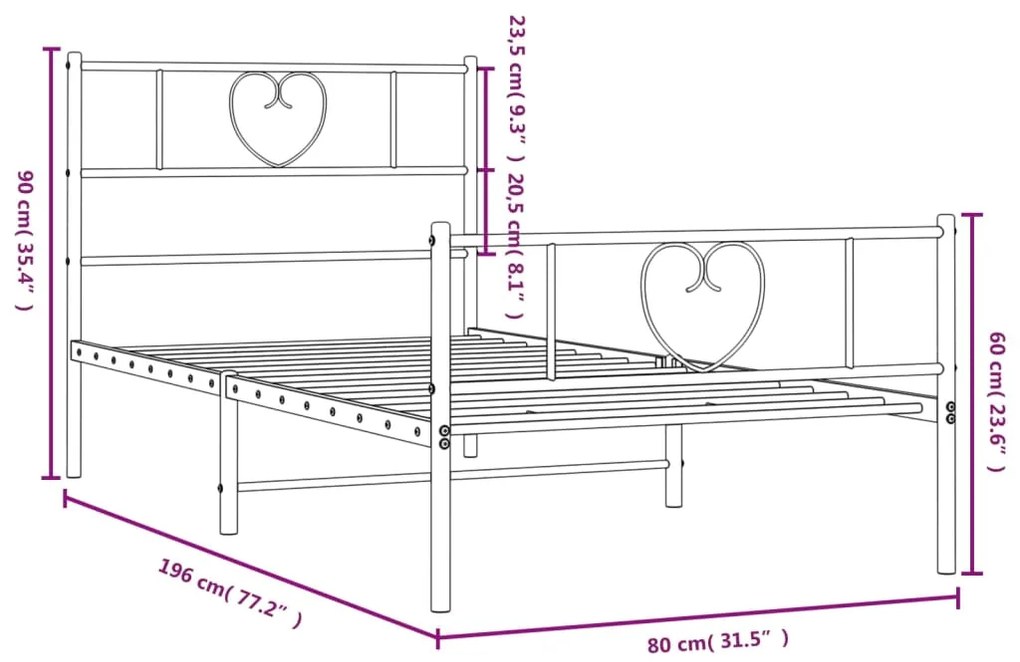 Estrutura de cama com cabeceira e pés 75x190 cm metal branco