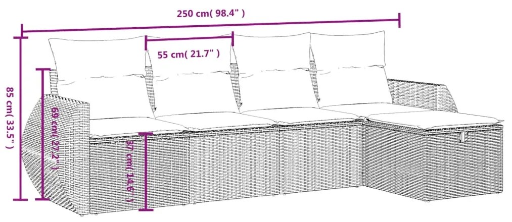 5 pcs conjunto sofás p/ jardim c/ almofadões vime PE castanho