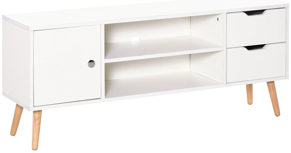 HOMCOM Armário de TV Grande armazenamento com armário prateleiras e gavetas abertas Carga 30 kg 120x28x44 cm Branco