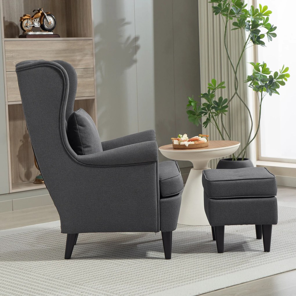 Poltrona com Apoio para Pés Poltrona de Leitura com Encosto Alto Capitonê e Pés de Madeira 75x83x104 cm Cinzento Escuro