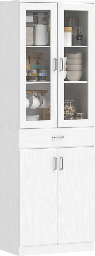 Armário de cozinha 60x35x180 cm, 4 portas, das quais 2 em vidro, gavetas, prateleiras ajustáveis, branco