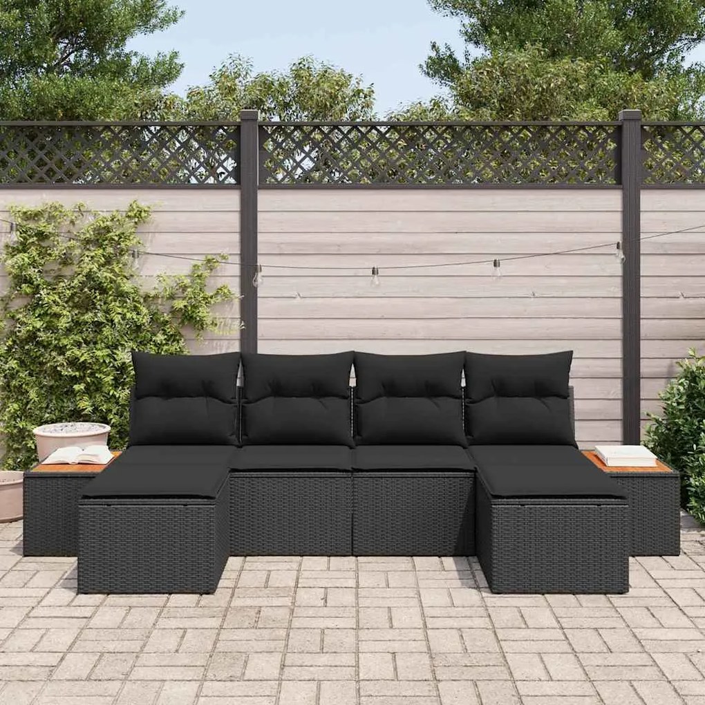 Conjunto de Sofá de Jardim com 6 Peças da e Almofadas de Rattan Preto