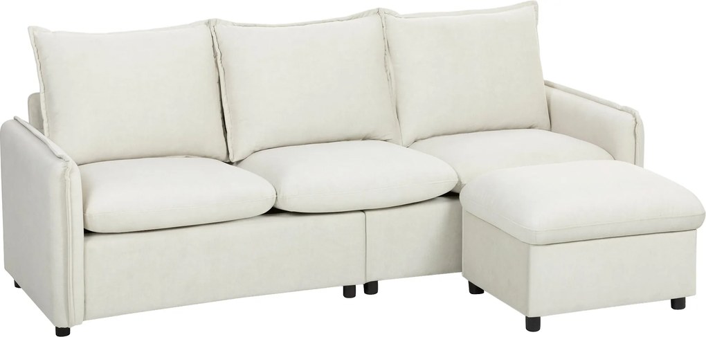 HOMCOM Sofá de Canto 3 Lugares Modular em Tecido Efeito Pele Respirável com Compartimento no Pufe, Almofadas, Creme | Aosom Portugal