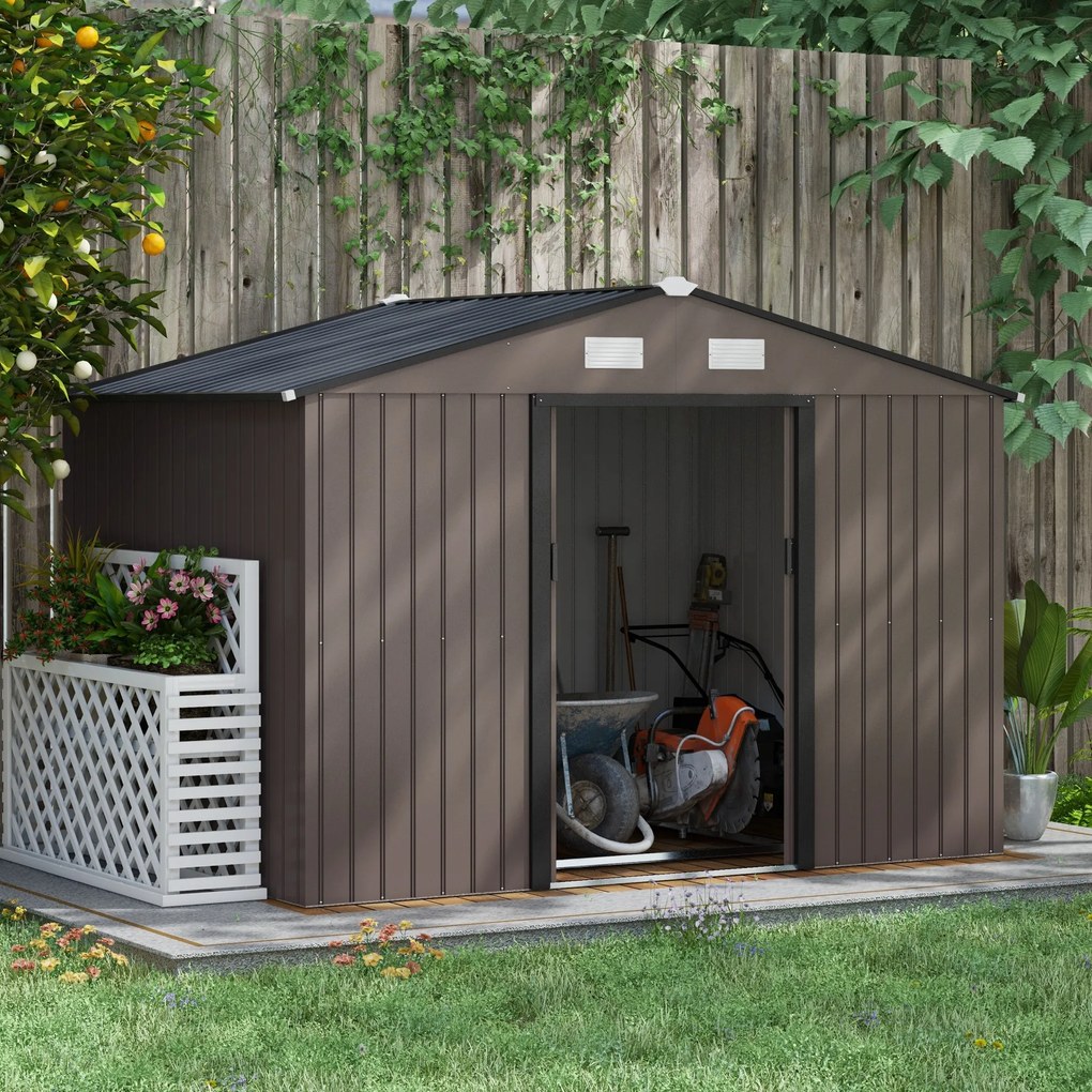 Abrigo de Jardim 277x195x192 cm Metálico para Armazenamento de Ferramentas com Base de Reforço Incluída Cor Efeito madeira