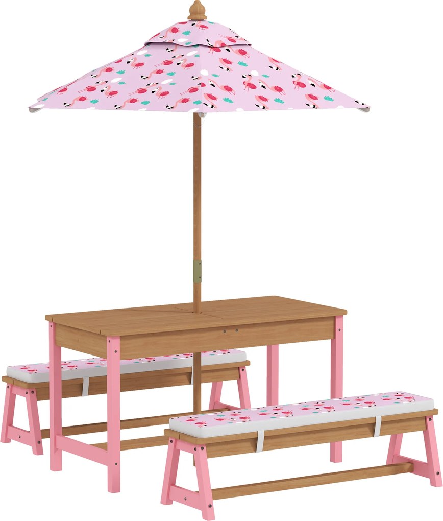 AIYAPLAY Mesa de piquenique infantil com bancos, almofadas, guarda-sol dobrável, caixas de arrumação amovíveis, padrão de flamingo, rosa | Aosom Portugal