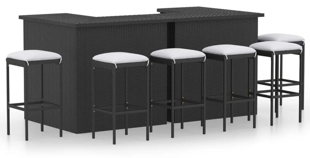 vidaXL 8 pcs conjunto de bar p/ jardim com almofadões vime PE preto