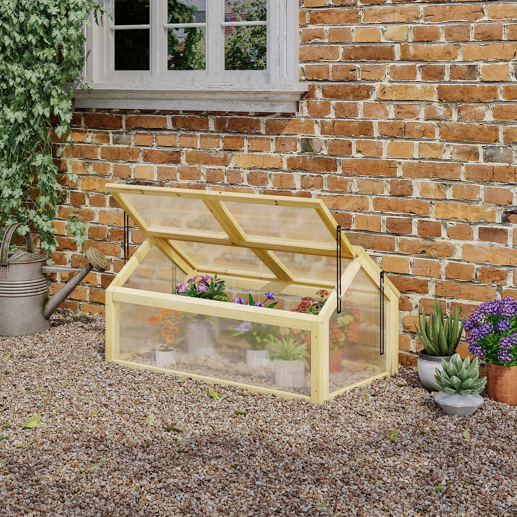 Estufa de Madeira com Painéis de Policarbonato Estufa de Jardim com 4 Janelas Abatíveis para Cultivo de Plantas Terraço Exterior 90x48x49,5cm Transpar