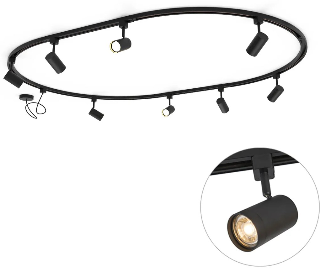 Sistema de iluminação de trilho moderno com 8 focos pretos, monofásico, oval, 200cm - Iconic Jeana