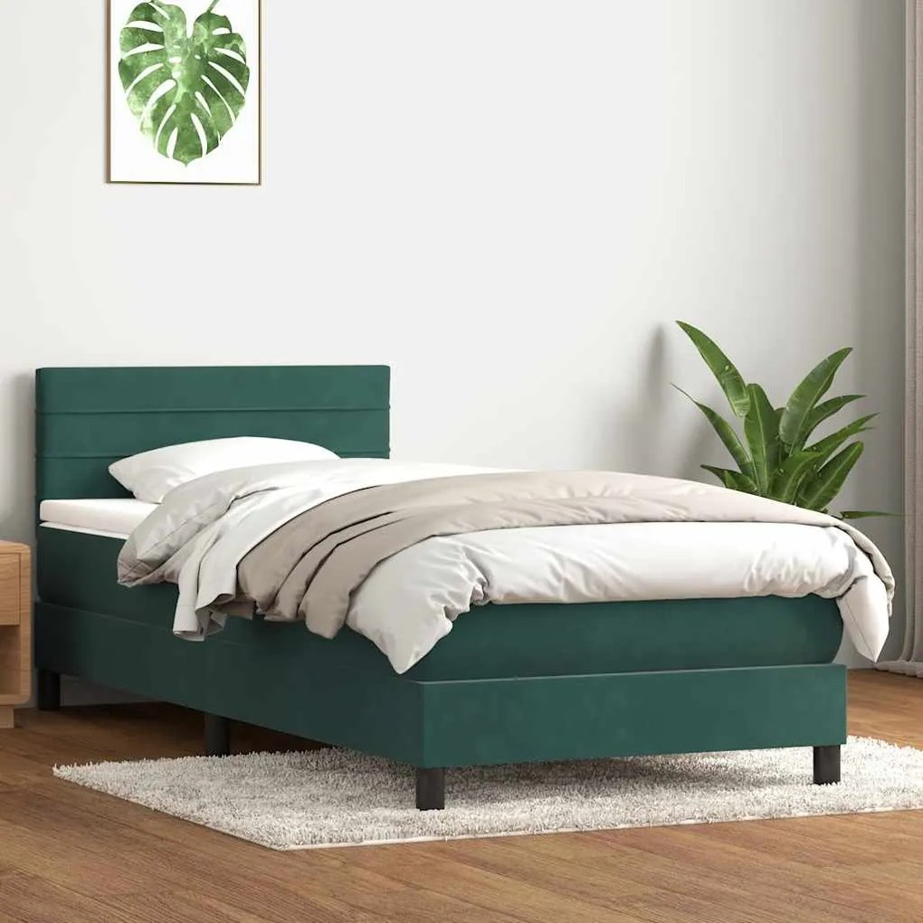 vidaXL Cama com molas/colchão 100x210 cm veludo verde-escuro