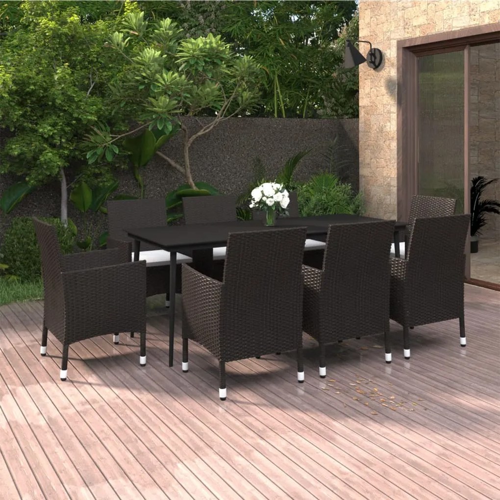 vidaXL 9 pcs conjunto jantar jardim c/ almofadões vime PE e vidro