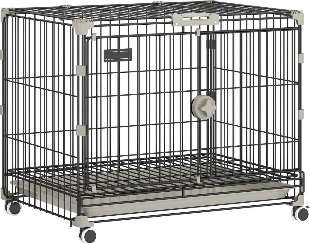 PawHut Gaiola Dobrável para Cão, Bandeja Removível, Rodas com Travas, Teto Abrível, Porta de Alimentação, 60,5x45,5x54,5cm, Preto | Aosom Portugal