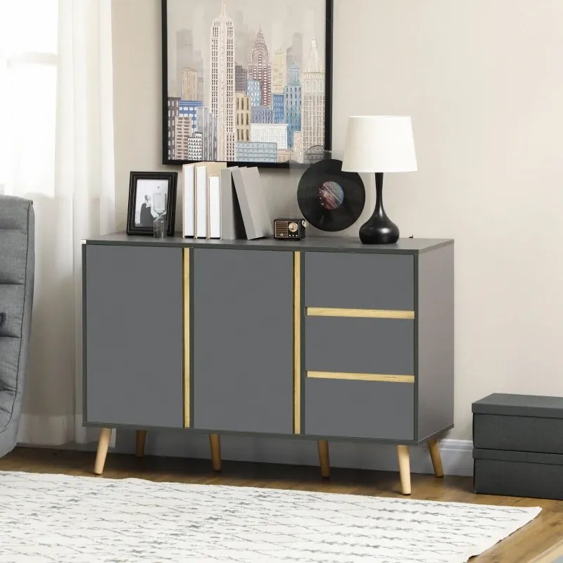 Aparador baixo com 2 portas e 3 gavetas, estilo escandinavo, 120 x 40 x 80 cm, cinza