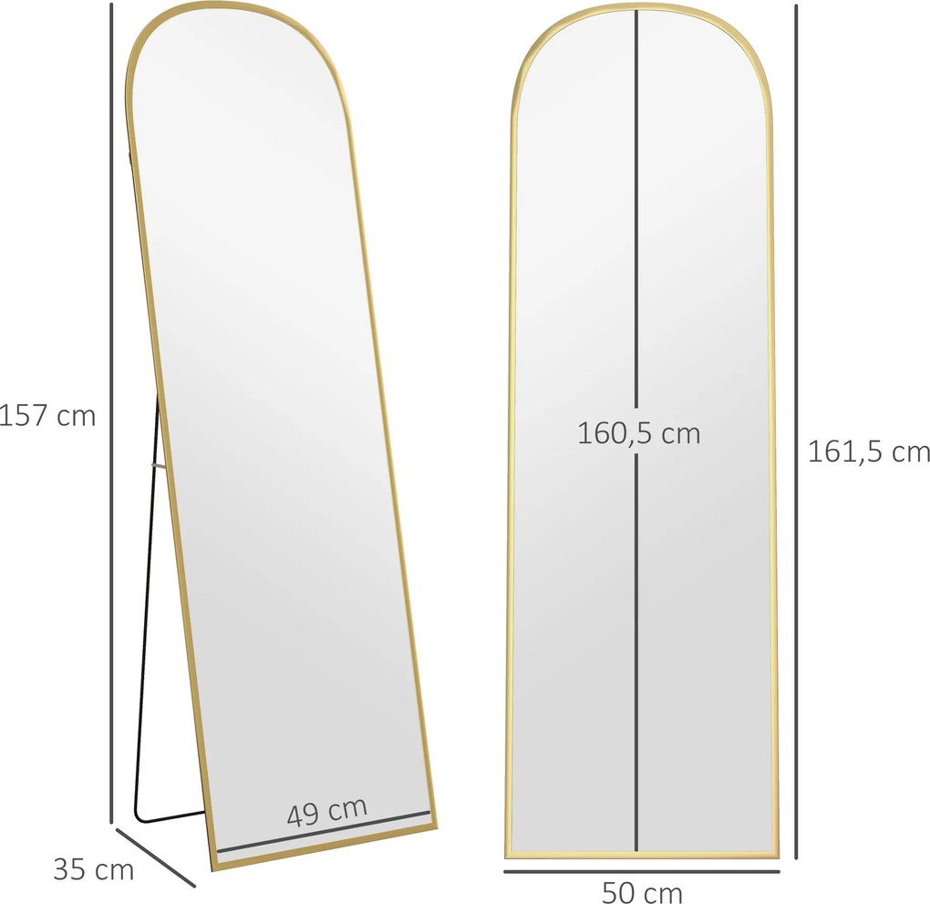 Espelho de pé retangular arredondado 50 x 161,5 cm, com moldura em alumínio e suporte, para a entrada, quarto ou vestiário, dourado