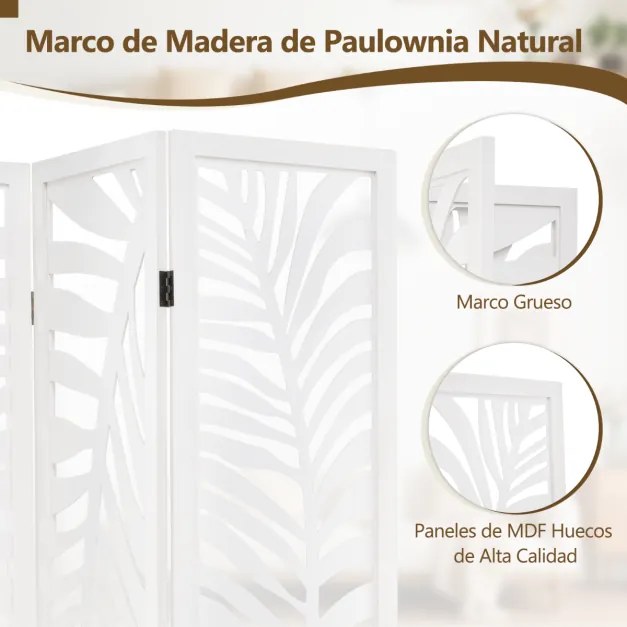 Biombo dobrável de 3 painéis 121 x 170 cm para quarto em madeira de paulownia, tela de privacidade com padrões requintados branco