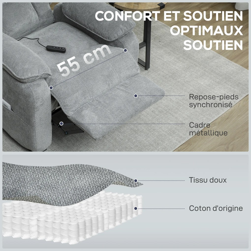 Poltrona relax elétrica, reclinável, com porta USB, apoio para os pés, bolsos laterais e comando à distância – 86 x 90 x 103 cm, cinzento claro