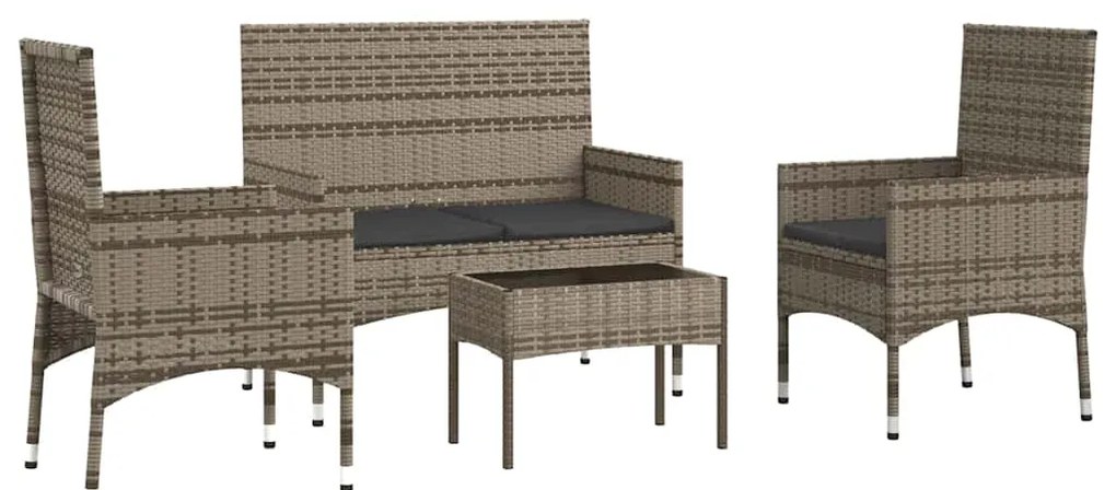 4 pcs conjunto lounge de jardim c/ almofadões vime PE cinzento
