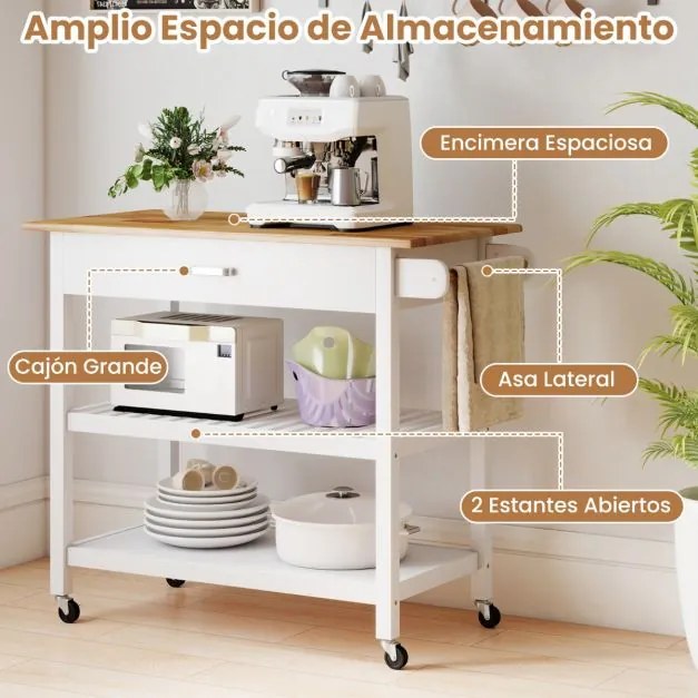 Carrinho de cozinha 106 cm x 50 cm x 89 cm com rodas com 2 gavetas, 2 prateleiras abertas e pega lateral branca