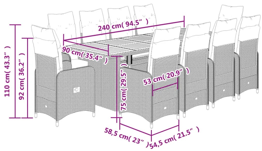 11 pcs conjunto bistrô de jardim c/ almofadões vime PE cinzento