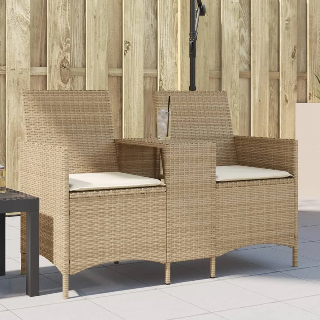 vidaXL Sofá de jardim c/ mesa e almofadões 2 lugares vime PE bege