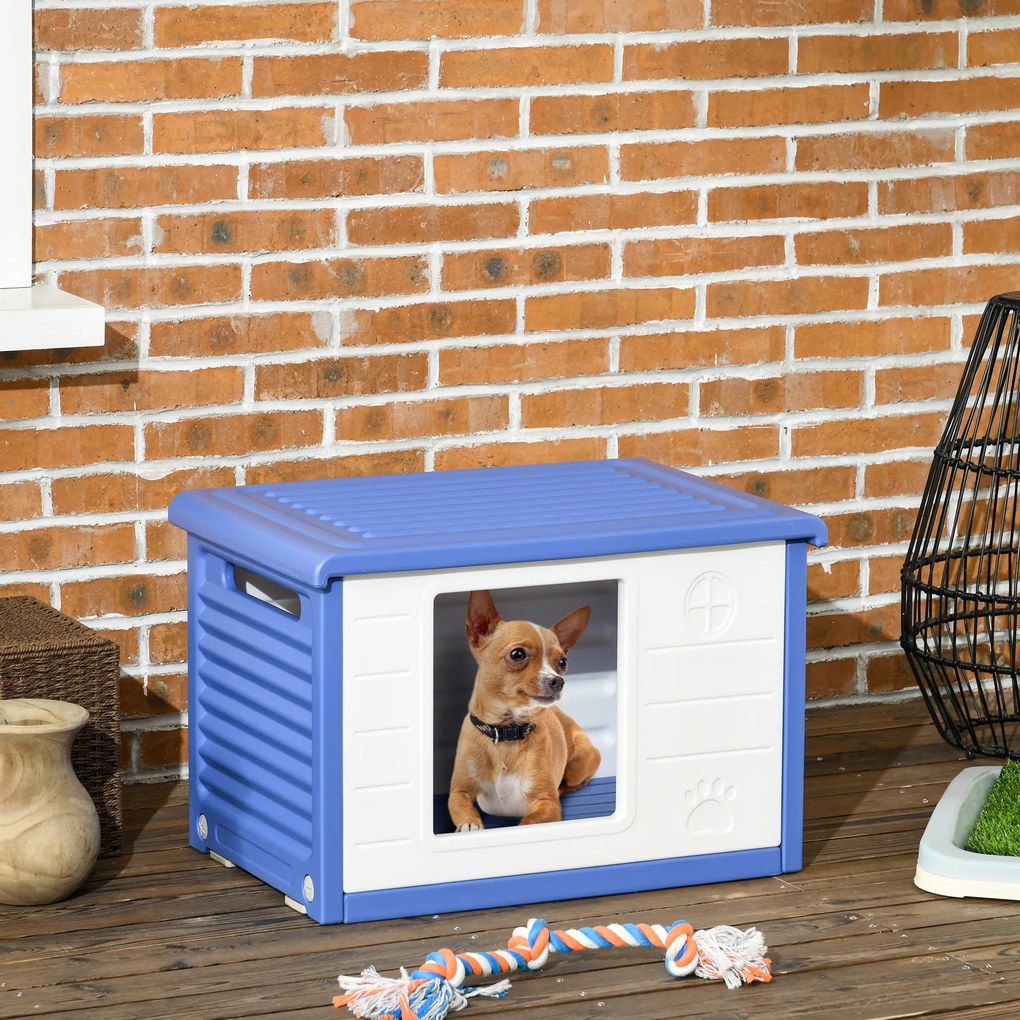 Casota de plástico para cães pequenos para exterior 60 x 42 x 40 cm, com aberturas de ventilação, azul e branca