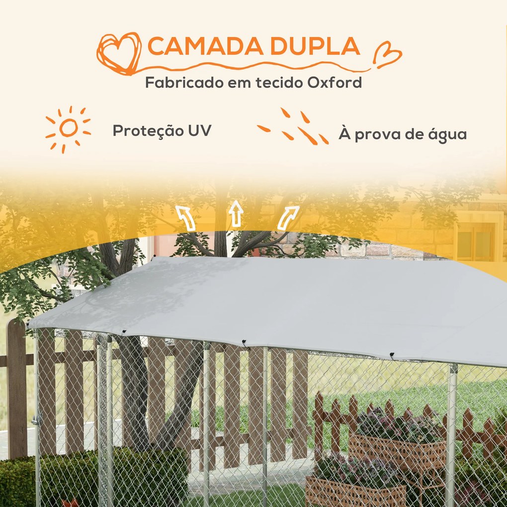 Canil de Exterior para Cães Parque para Cães com 1 Porta Estrutura de Aço Toldo Impermeável e Anti-UV 600x230x230 cm Prateado