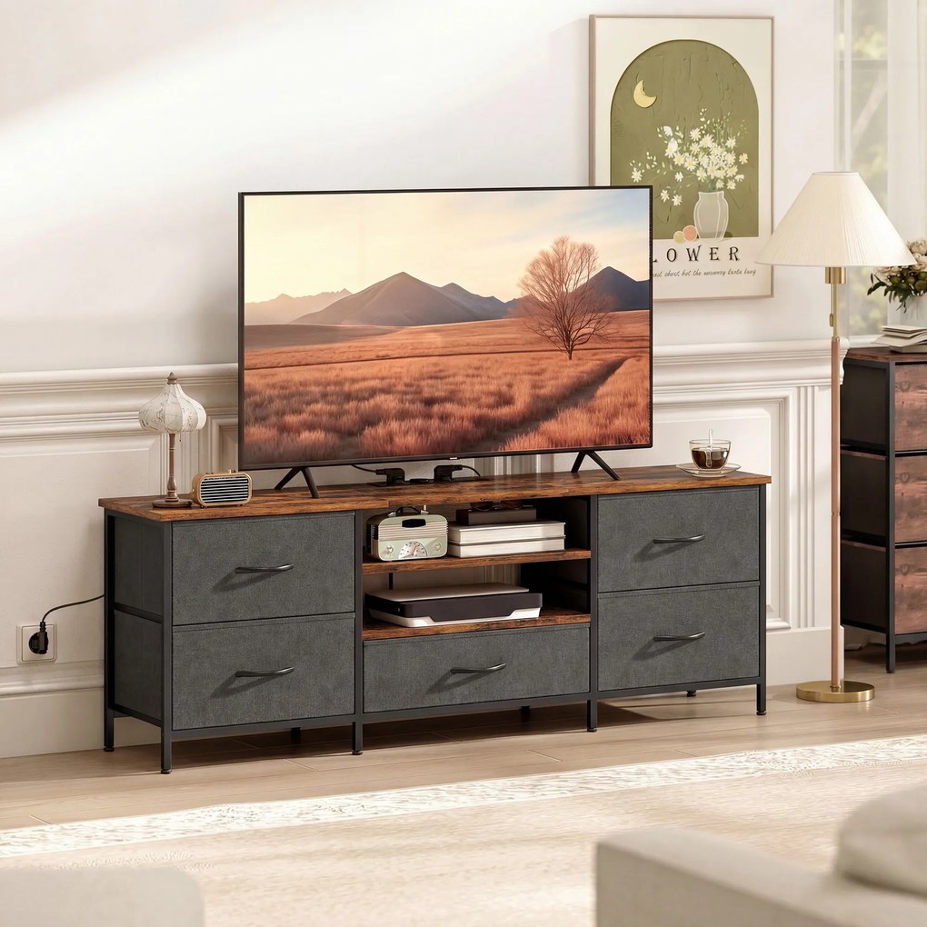 Móvel para televisão 140 x 30 x 50 cm, móvel para televisão de 65 polegadas, estação de carregamento, 5 gavetas em tecido, prateleiras abertas, castan