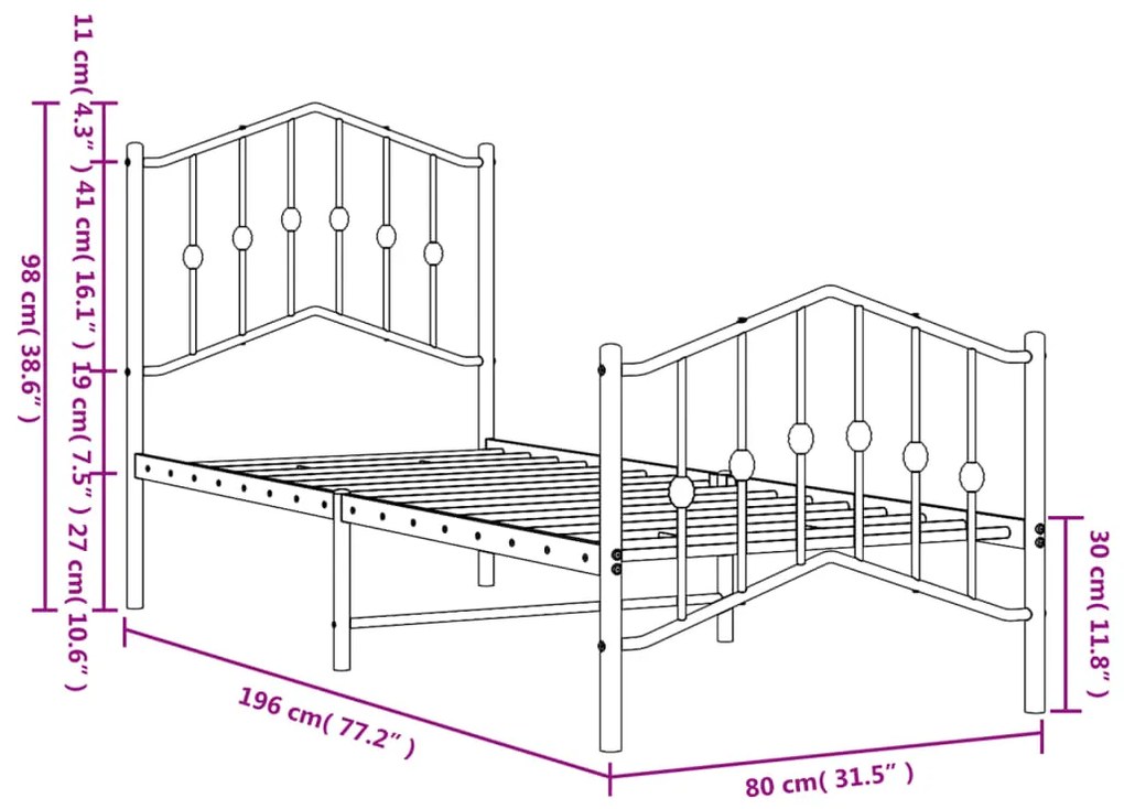 Estrutura de cama com cabeceira e pés 75x190 cm metal branco