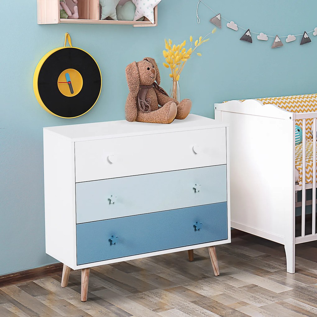 HOMCOM Cômoda Infantil com 3 Gavetas Ármario com Pernas de Madeira para Roupas ou Brinquedos de Pinho e MDF Cor Azul 90x42x80 cm