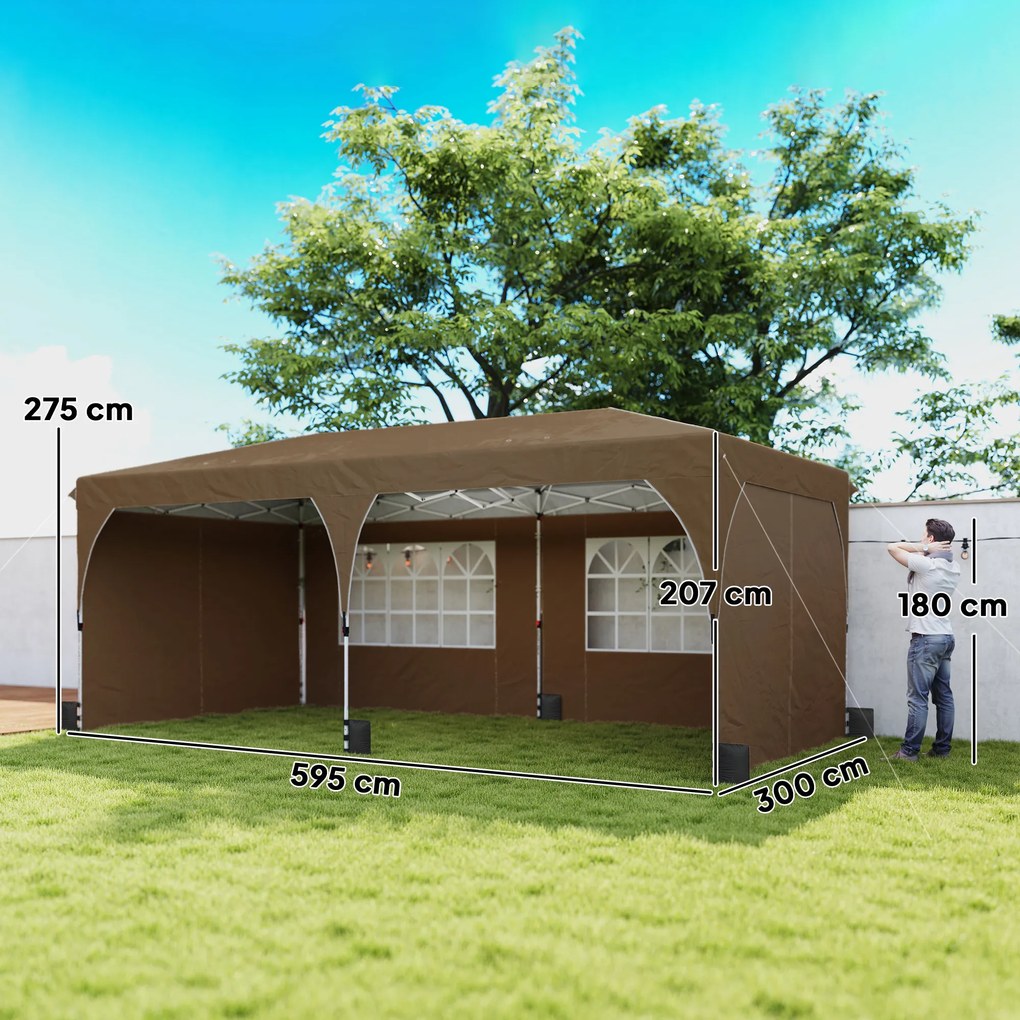 Tenda Dobrável 6x3 m Pop-up com 4 Laterais Amovíveis Tenda de Jardim com Faixas Refletoras Altura Ajustável UPF50+ Bege