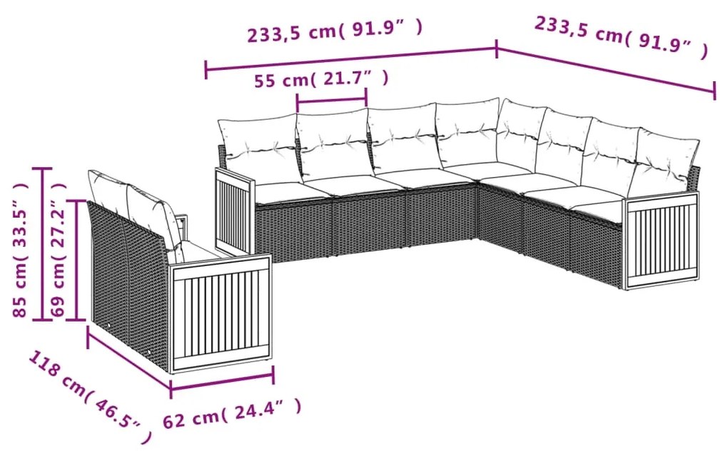 9 pcs conjunto de sofás p/ jardim com almofadões vime PE bege