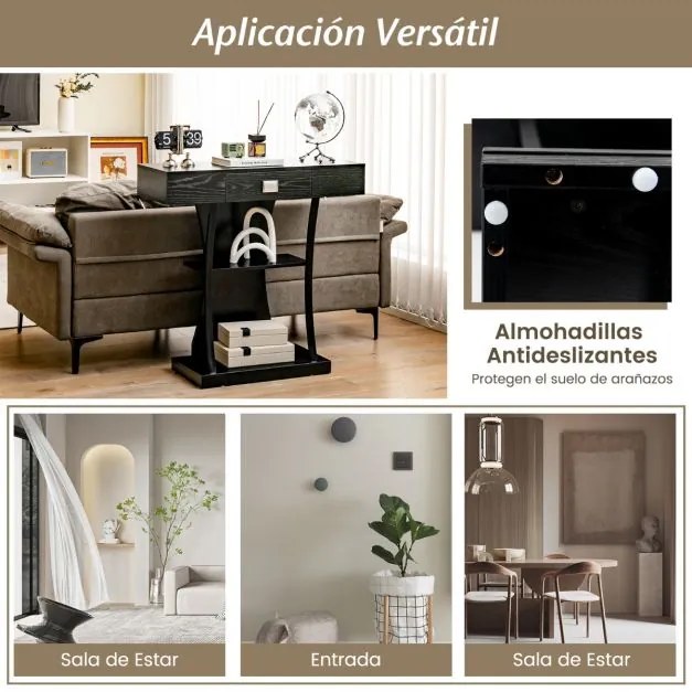 Mesa consola em forma de T com gaveta e Estantes moderna 91 x 30 x 88 cm Preta