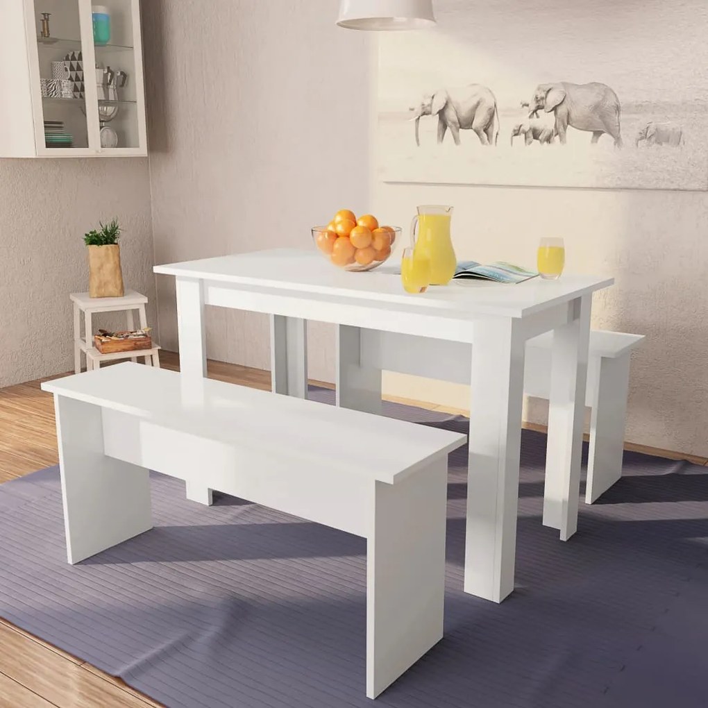 244865 vidaXL Mesa e bancos de jantar 3 pcs aglomerado branco