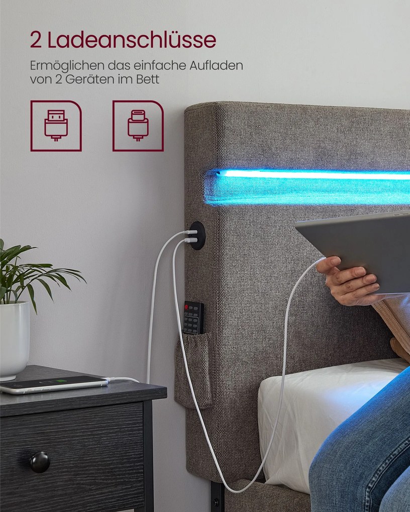 Cama de casal metálica 140 x 190 cm Iluminação LED com Portas USB e TYPE-C cinzento escuro