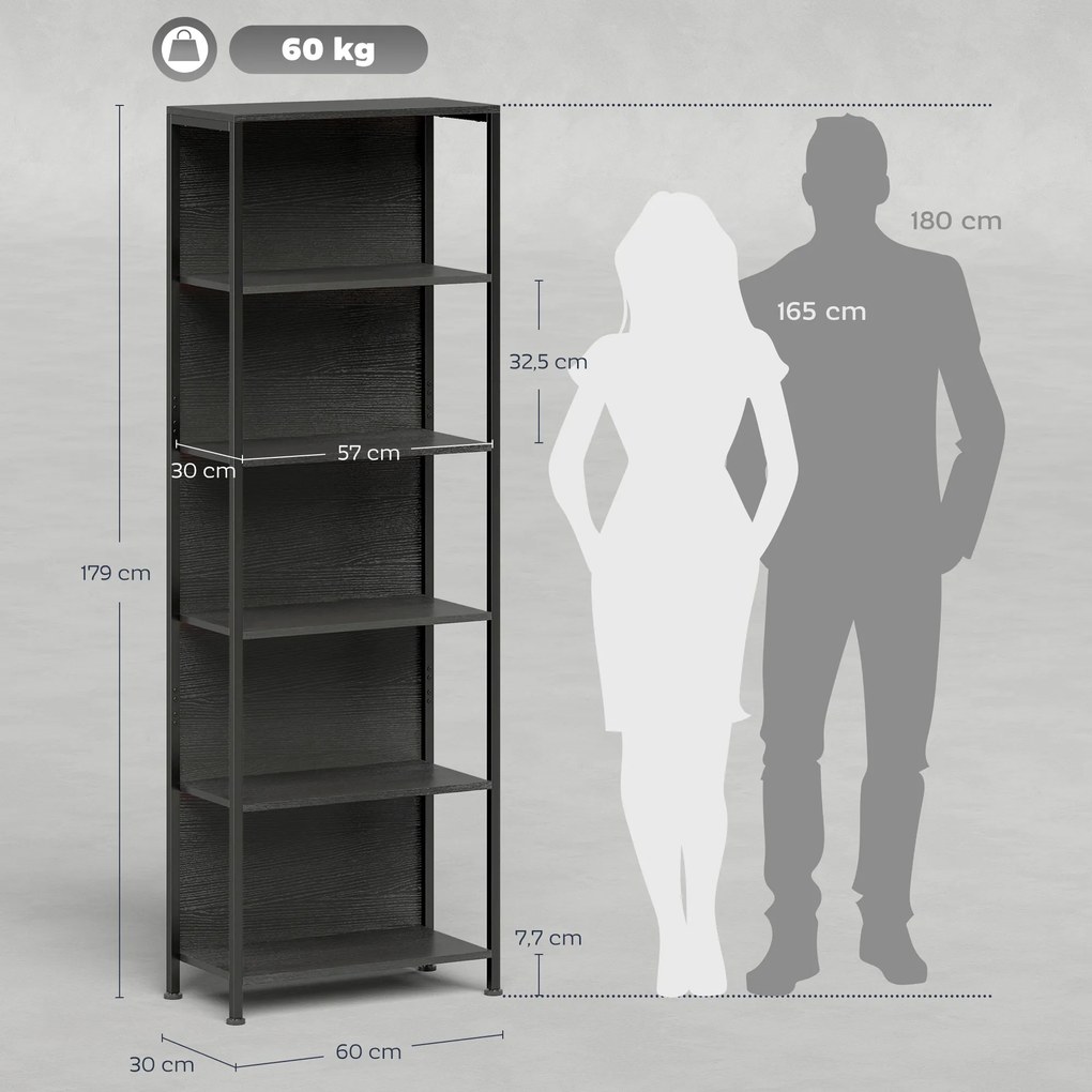 Estante de 5 Níveis com Luzes LED de 7 Cores Estante para Livros Estante de Estilo Industrial 60x30x179 cm Preto