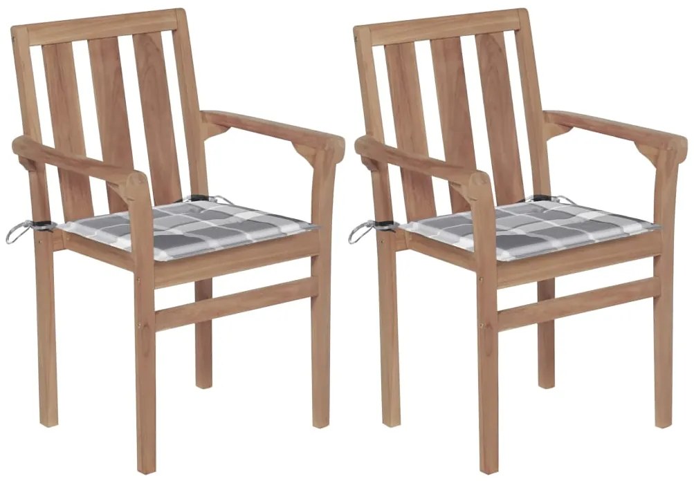 vidaXL Cadeiras jardim c/ almofadões xadrez cinzento 2 pcs teca maciça