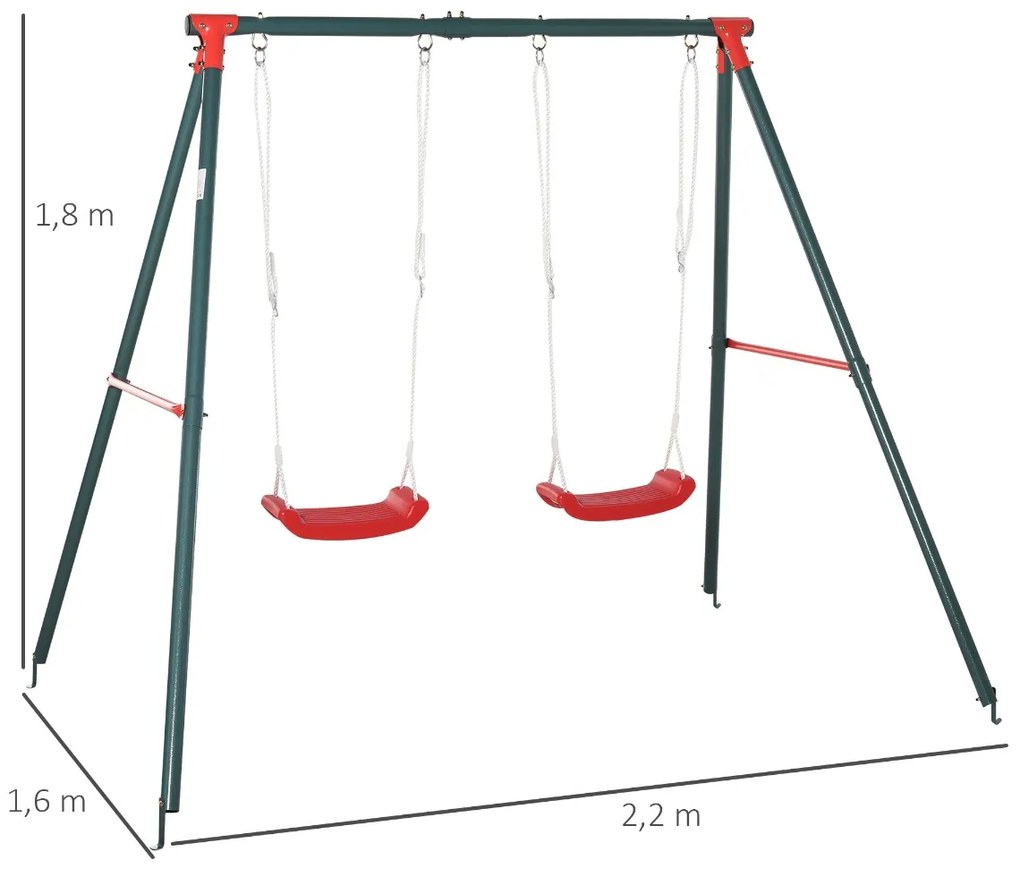 Balanço duplo para crianças acima de 3 anos com suporte de metal coml Corda ajustável ao ar livre máx. 40kg 220x160x180cm Verde Vermelho