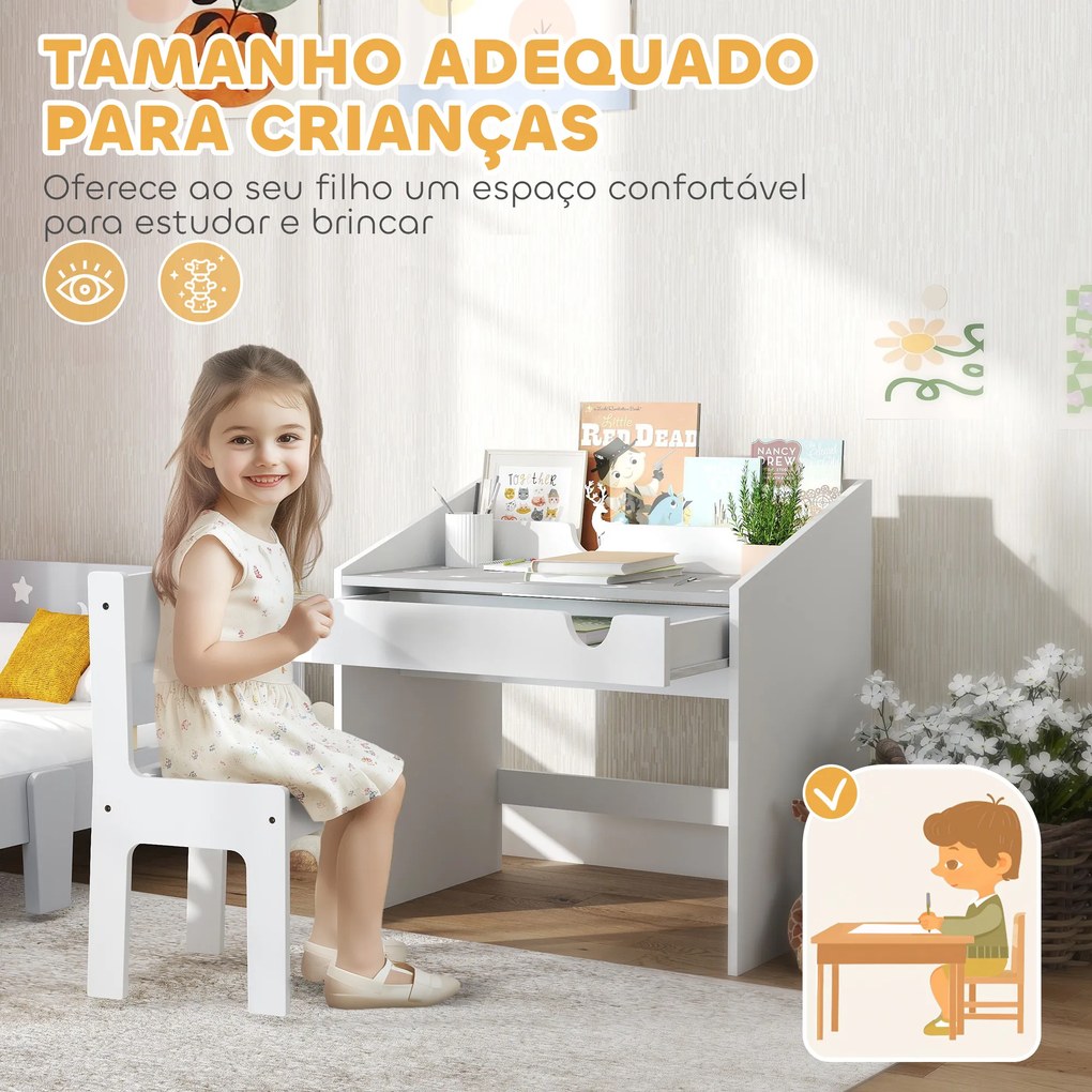 Conjunto de Secretária e Cadeira para Crianças com Gaveta Amovível e Compartimento para Dormitório Sala de Jogos Cinza e Branco