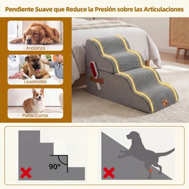 Escada Espuma animais estimação 4 Degraus 73 x 40,5 x 50 cm Rampa Transformável Alta Densidade Base Antiderrapante Capa Lavável Cinza