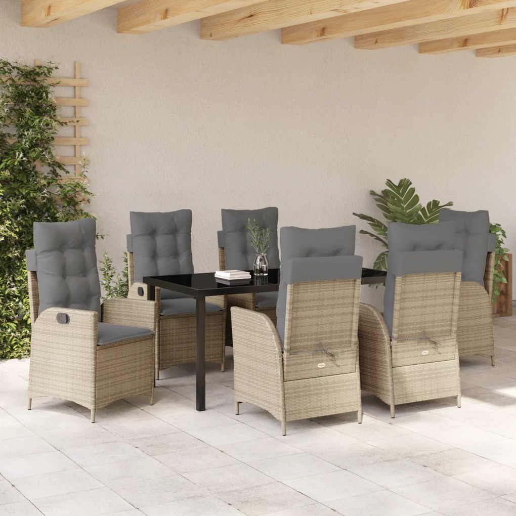 Conjunto de Jantar de Jardim de 7 peças com Almofadas Bege Polirratã