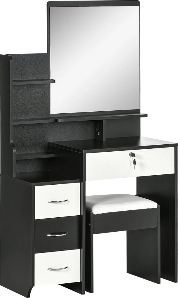 Conjunto de toucador com banco estofado, espelho grande + várias prateleiras abertas + 4 gavetas, branco e preto