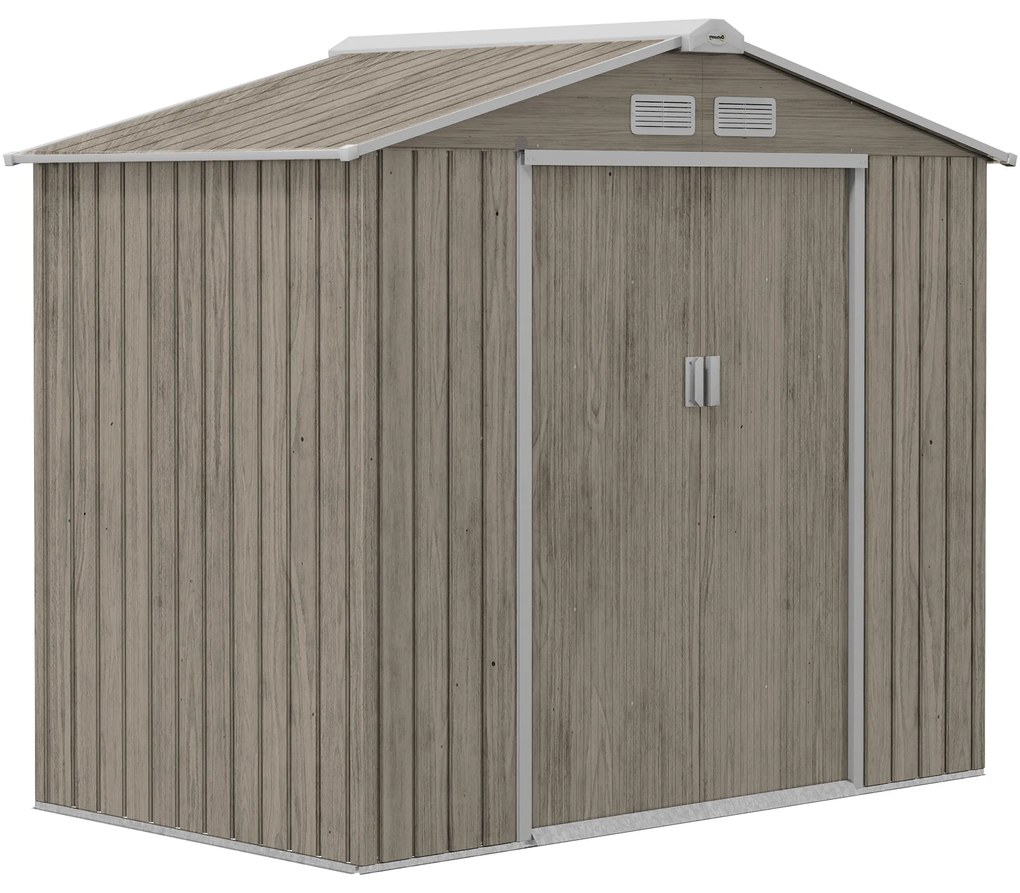 Outsunny Abrigo de Jardim 213x130x185 cm Abrigo de Jardim Metálico de Exterior com 2 Portas Deslizantes e 4 Janelas Madeira