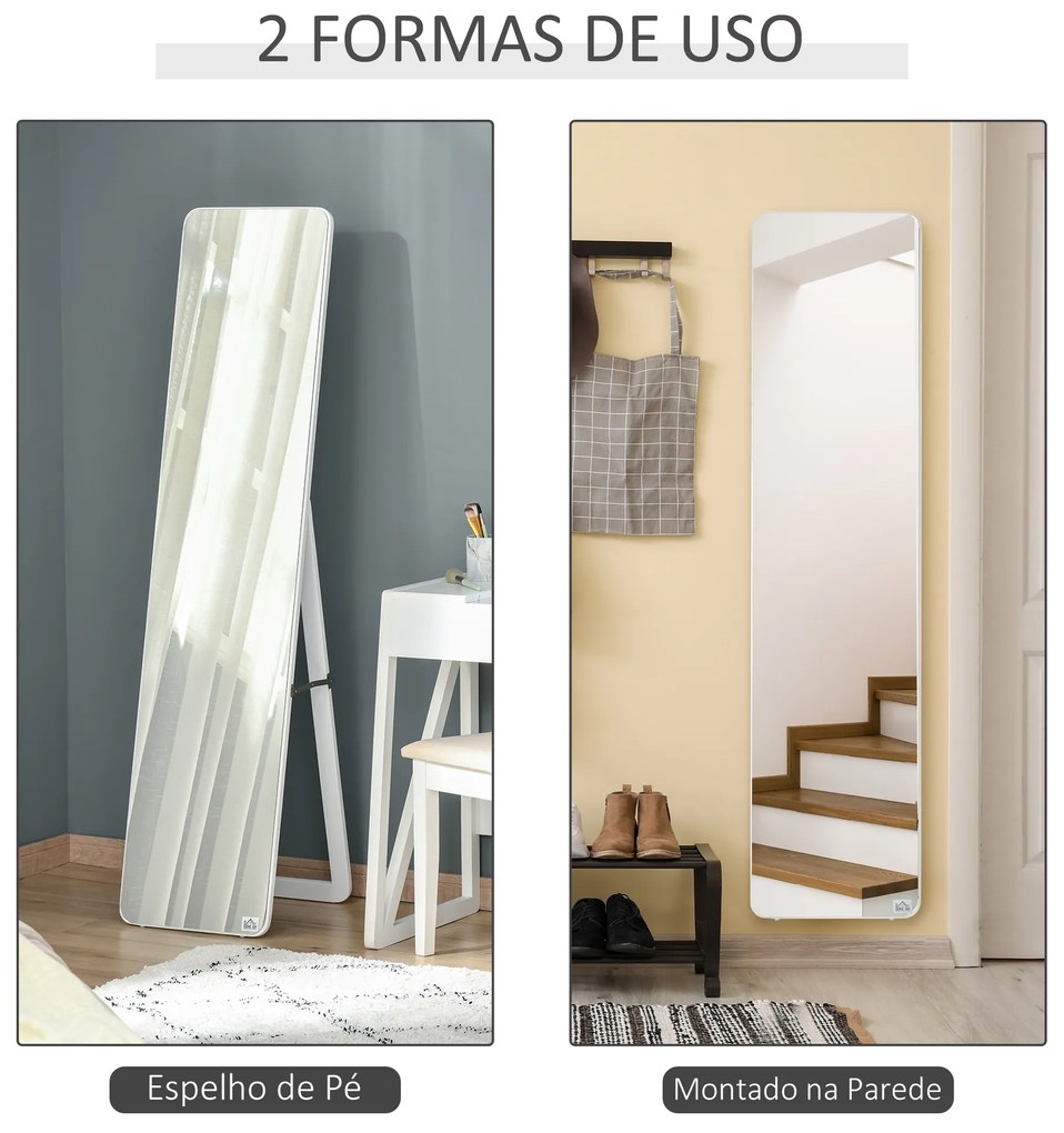 Espelho de Pé de Corpo Inteiro Retangular com 2 Formas de Uso Estrutura de Madeira de Pinho 37x43x156 cm Branco