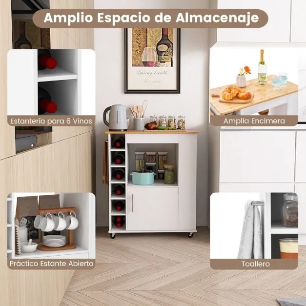 Carrinho de cozinha com rodas, toalheiro e tampa de bambu para sala de jantar e bar Estante para 6 garrafas de vinho 76 x 44 x 89 cm Branco