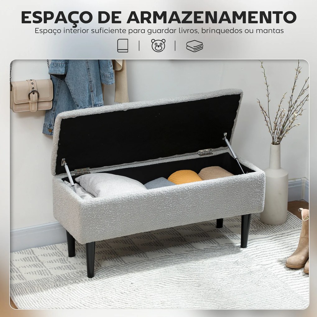 Banco de Armazenamento em Borrego Capacidade 47L Tampa Abatível e Pés de Madeira de Borracha Carga 120 kg 95x38x45 cm Cinza