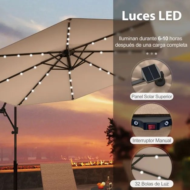 Guarda-sol exterior de 3 m com rotação de 360° e 32 com luzes LED Ajuste fácil da inclinação Manivela Café