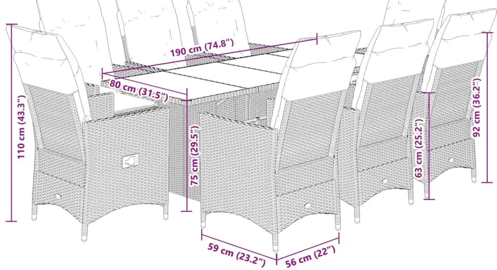 9 pcs conjunto de jantar p/ jardim c/ almofadões vime PE preto