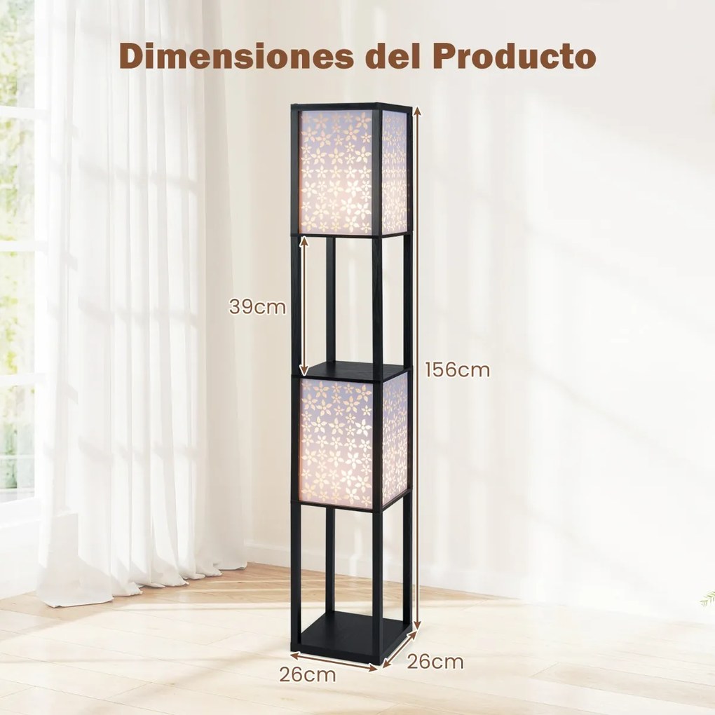 Candeeiro de pé e prateleiras de madeira 26 x 26 x 156 cm com 2 abajures com padrões recortados Luz independente com puxador e interruptor preto